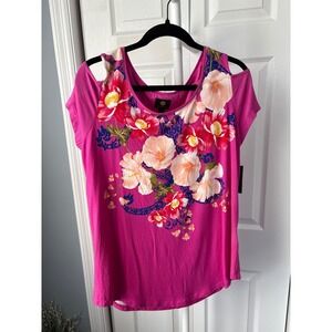 B Collection Pink Floral Cold‎ Shoulder Scoop Neck Short Sleeve Graphic Top L